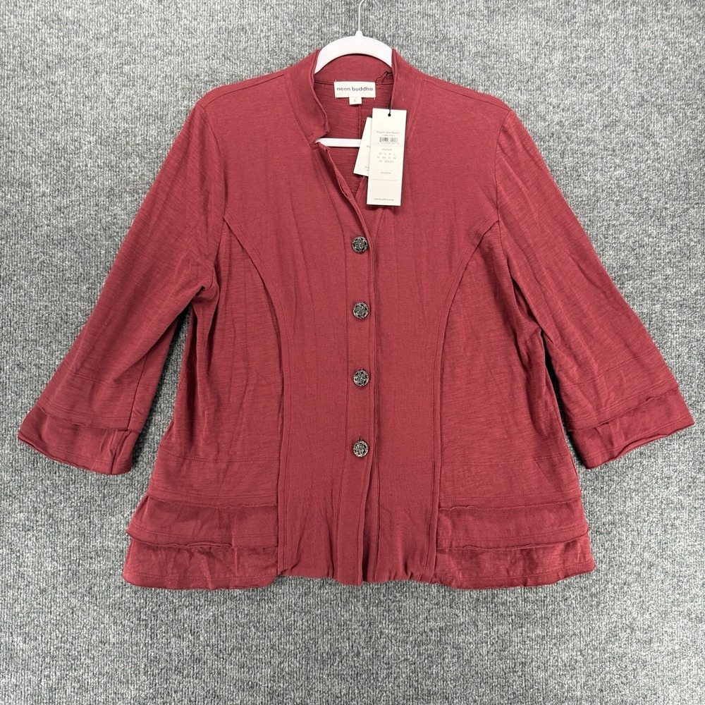 Neon Buddha Jacket Womens L Maroon Button Up Ruffle Boho Cottage Lagenlook Layer